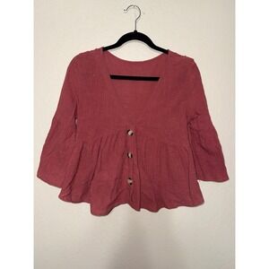 Boho‎ Peasant Bell Sleeve Peplum Top V Neck Button Down Cotton Crimson